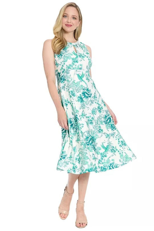 London Times Soft White & Teal Floral Pointelle Midi Dress