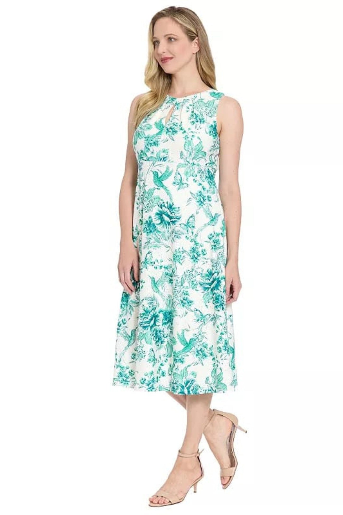 London Times Soft White & Teal Floral Pointelle Midi Dress