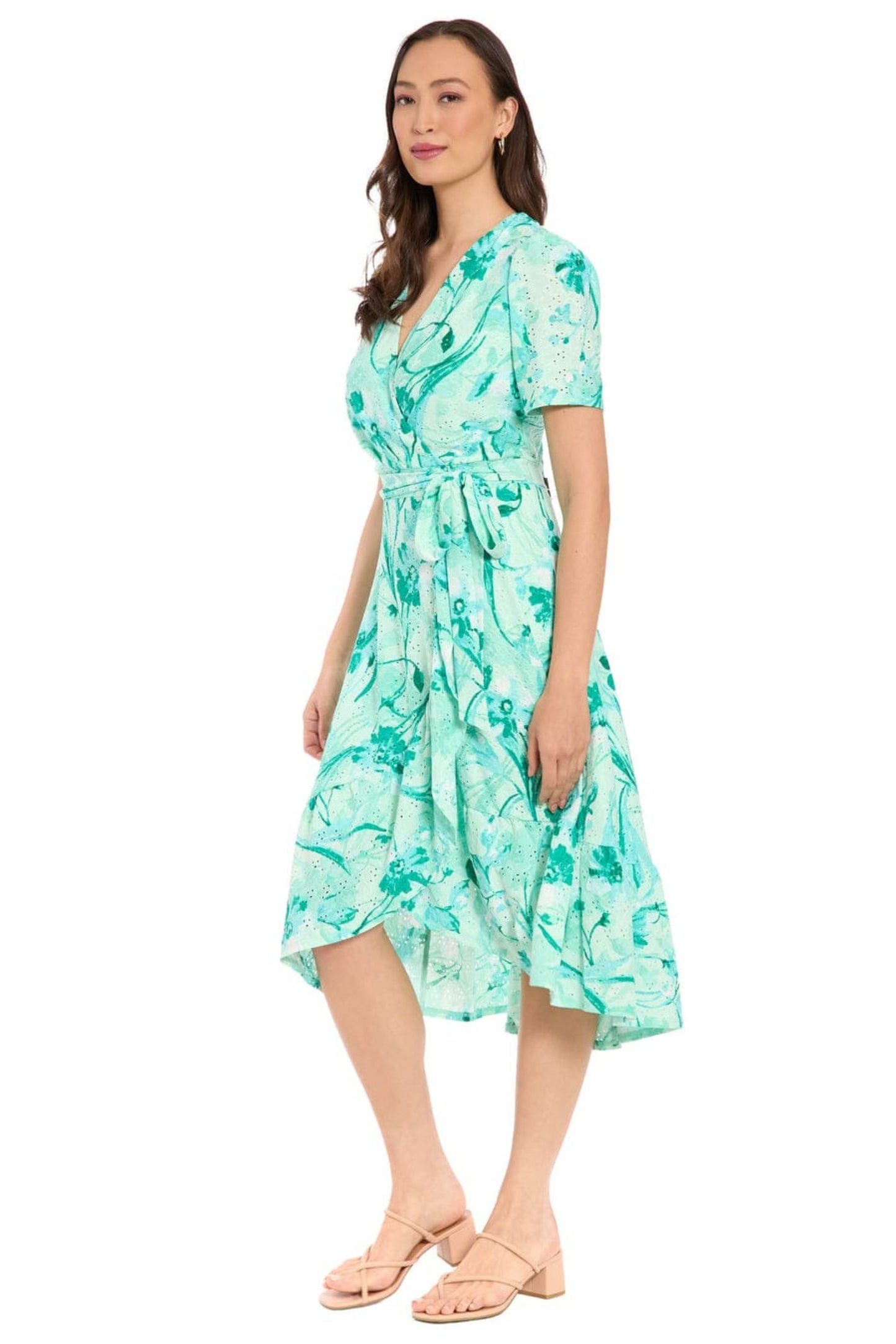 London Times Floral Pointelle Faux Wrap Midi Dress T10497M