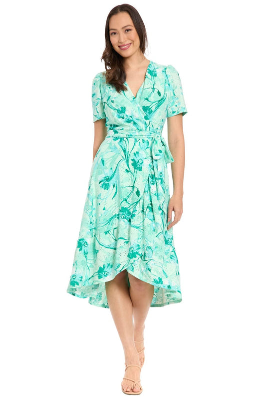 London Times Floral Pointelle Faux Wrap Midi Dress