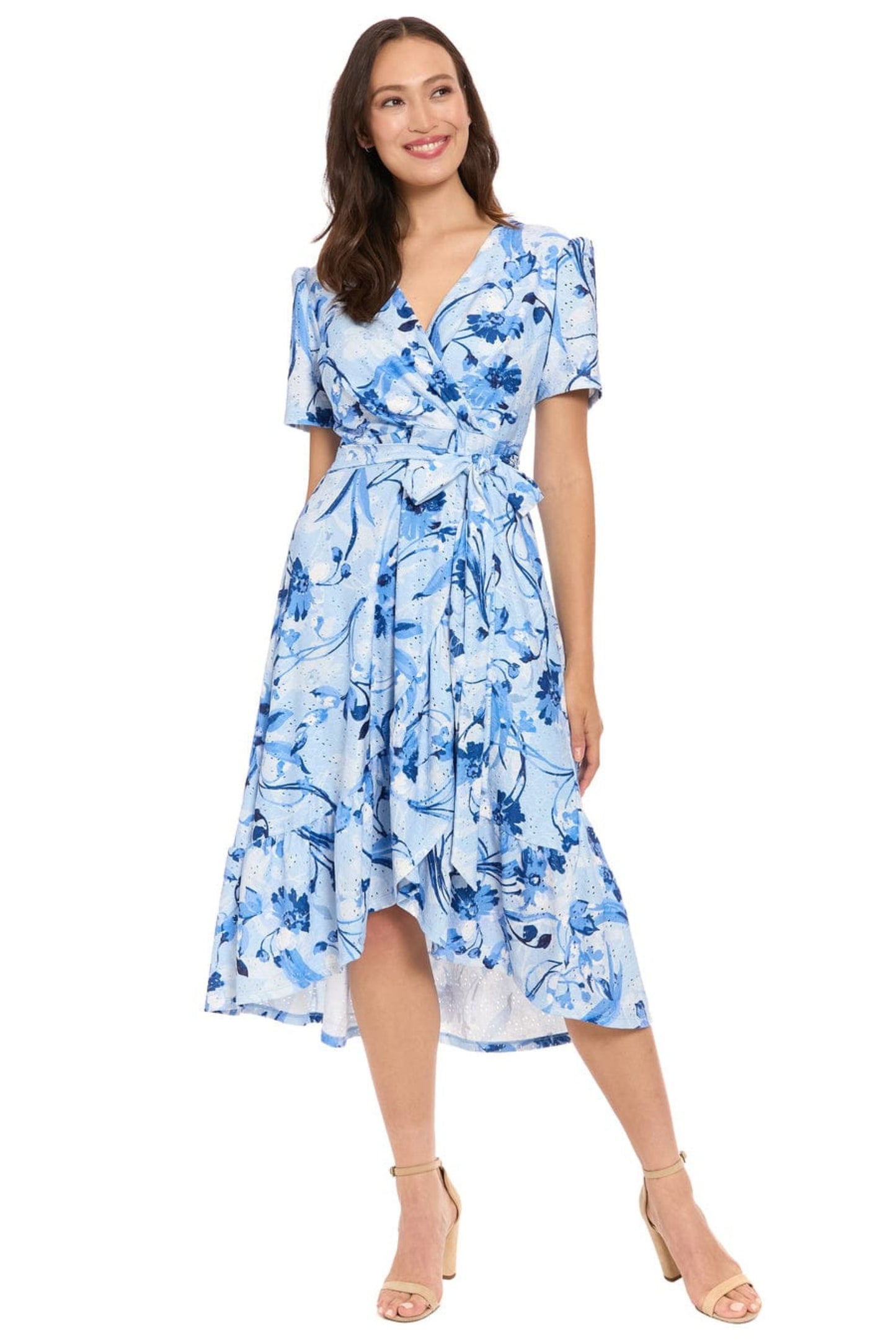 London Times Floral Pointelle Faux Wrap Midi Dress T10497M
