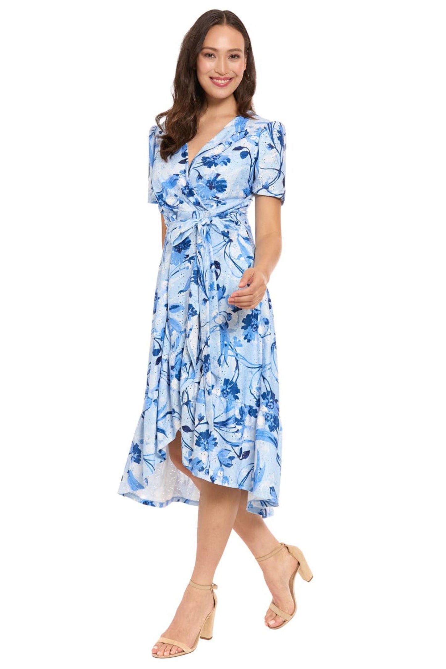 London Times Floral Pointelle Faux Wrap Midi Dress T10497M
