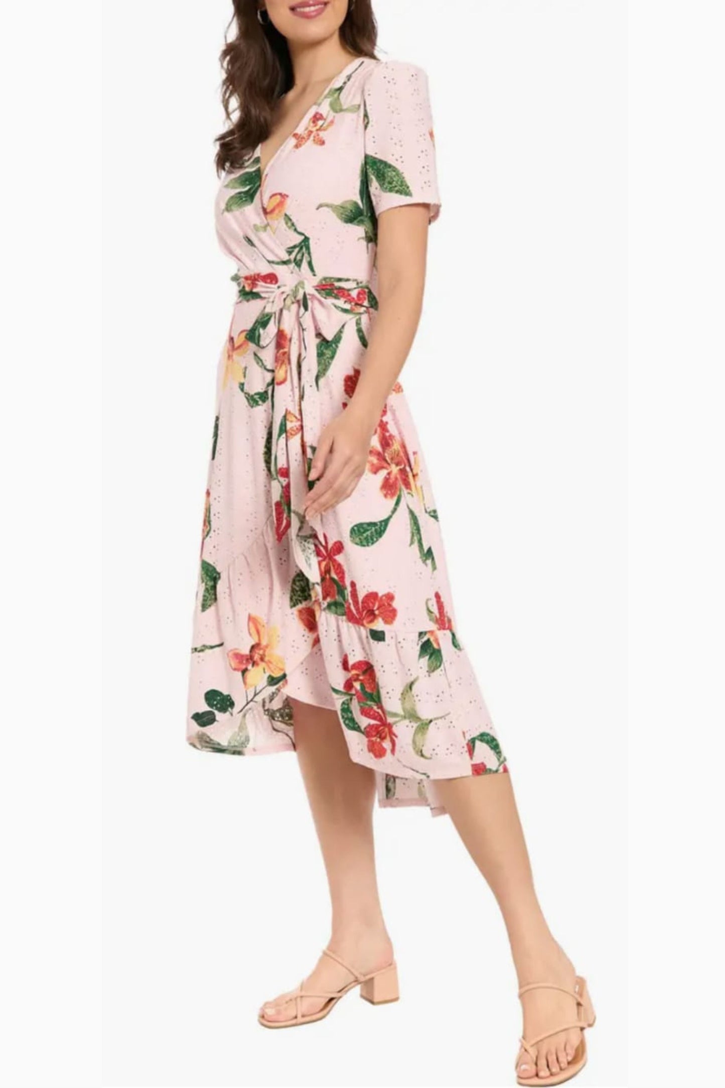 London Times Floral Pointelle Faux Wrap Midi Dress