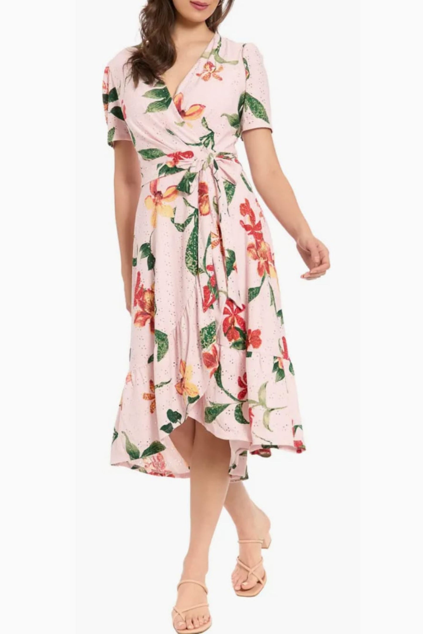 London Times Floral Pointelle Faux Wrap Midi Dress