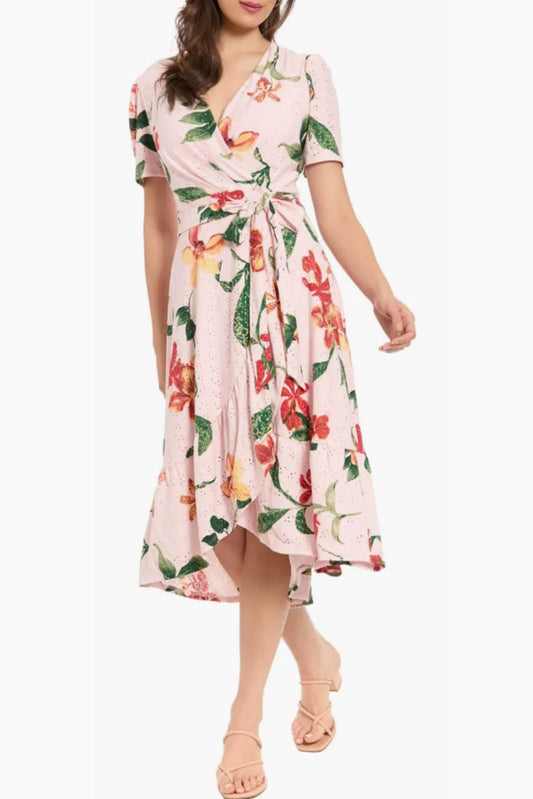 London Times Floral Pointelle Faux Wrap Midi Dress