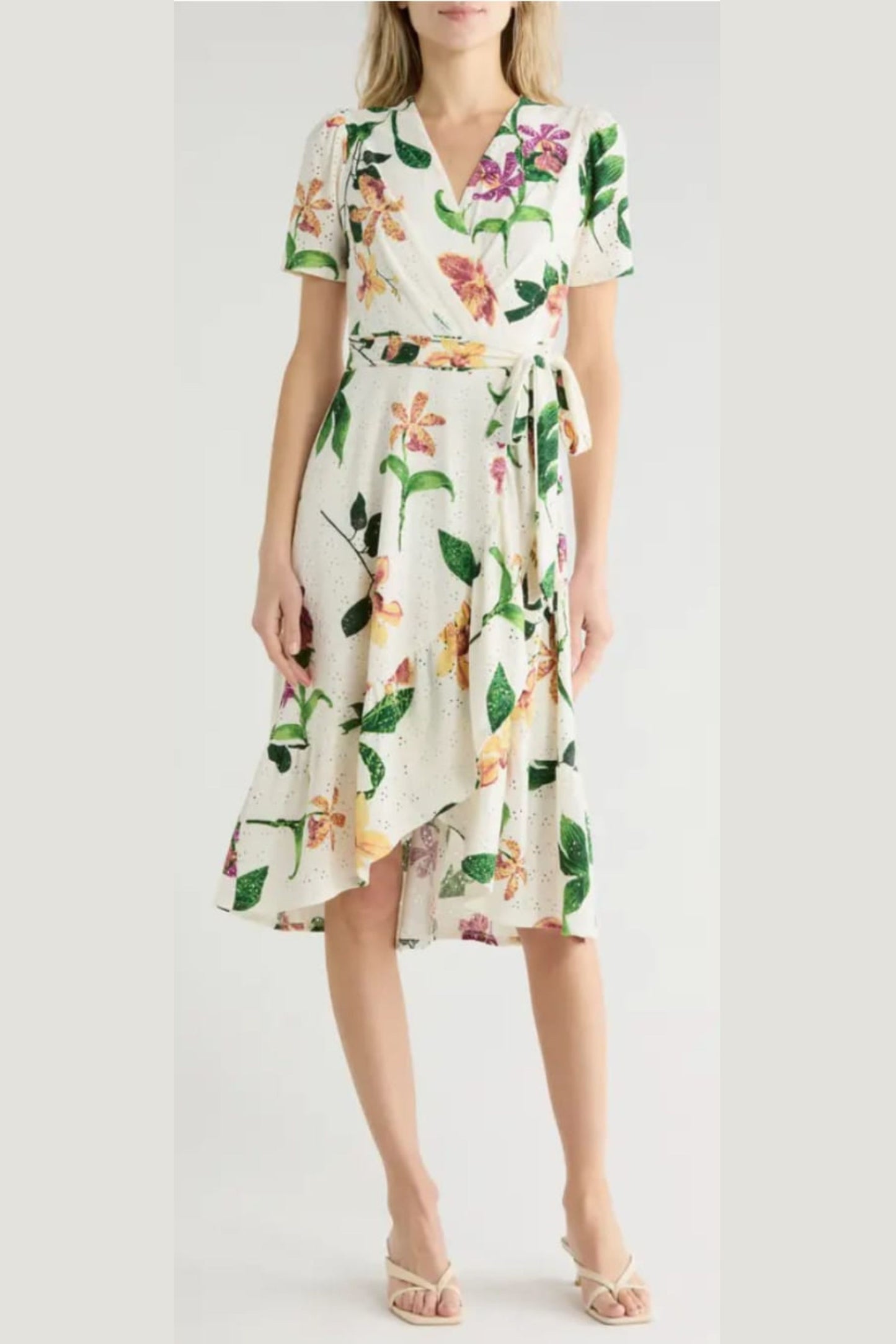 London Times Floral Pointelle Faux Wrap Midi Dress