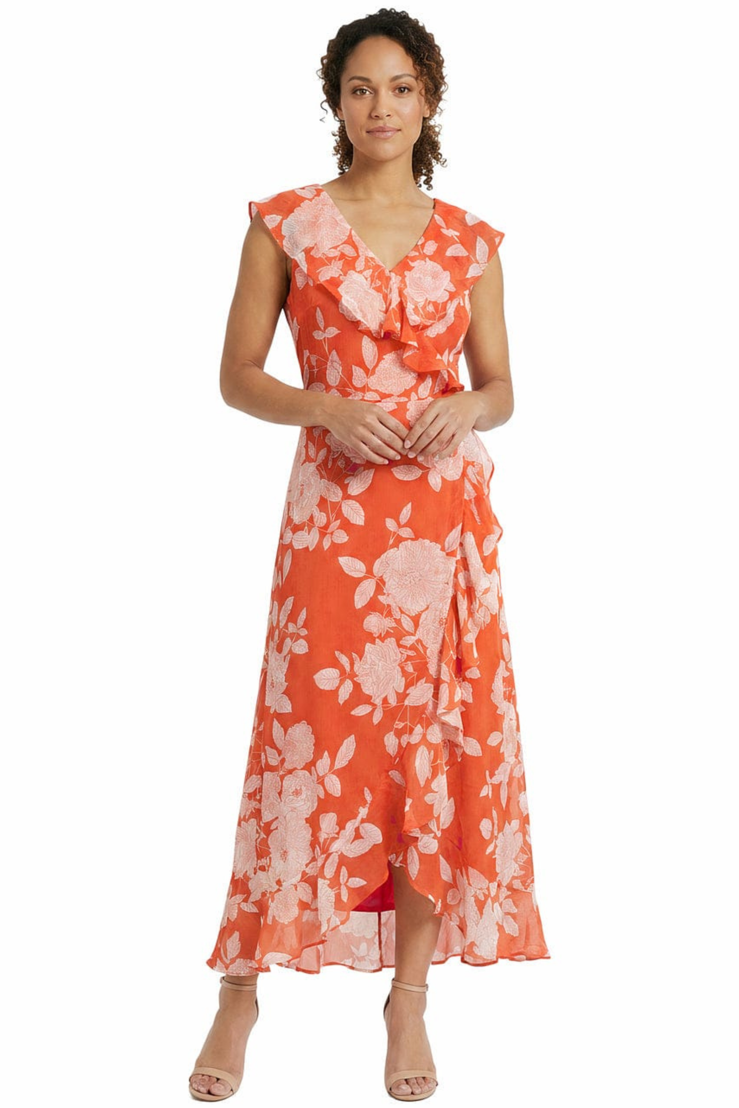 London Times Floral Print Ruffle Detail Maxi Dress