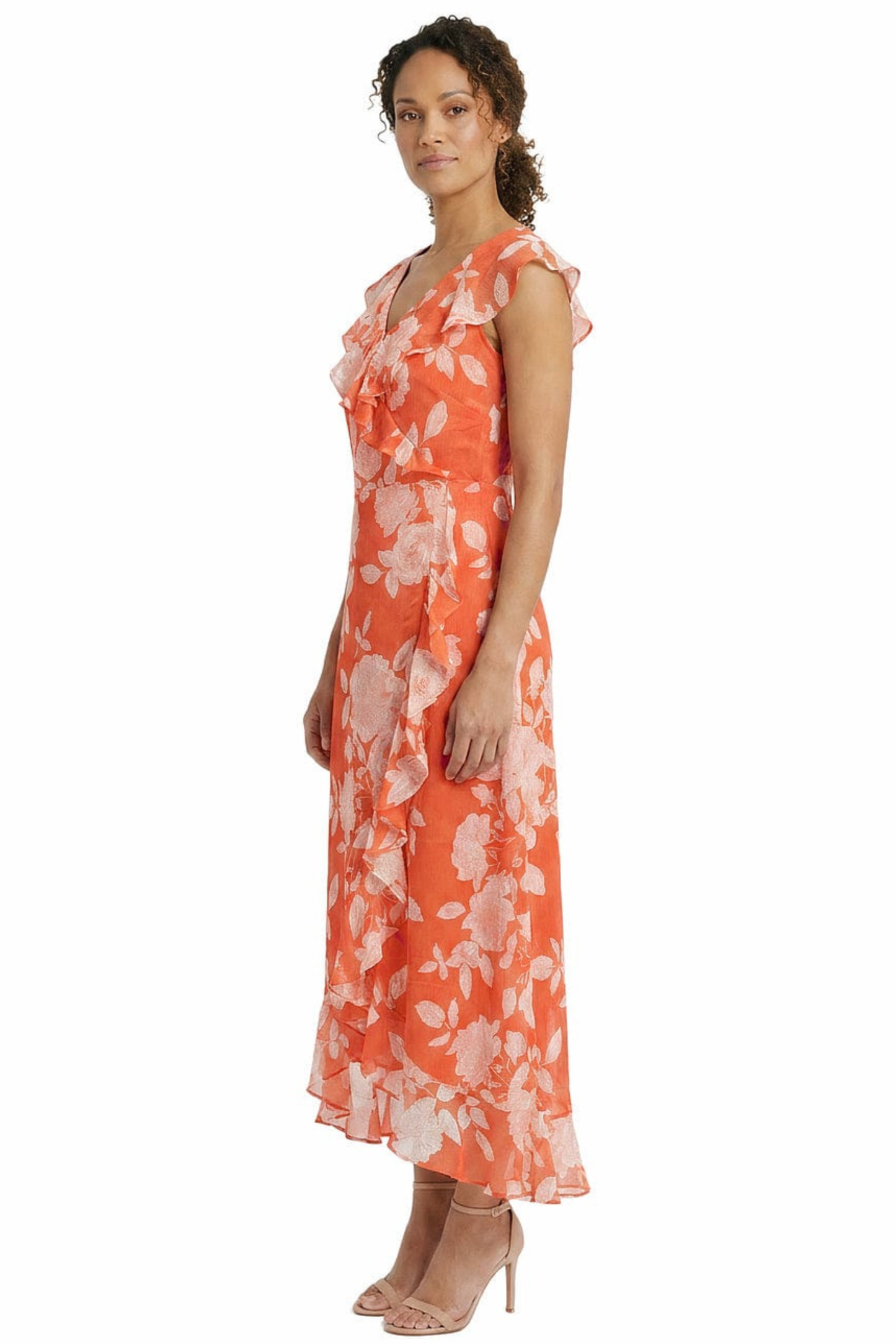 London Times Floral Print Ruffle Detail Maxi Dress