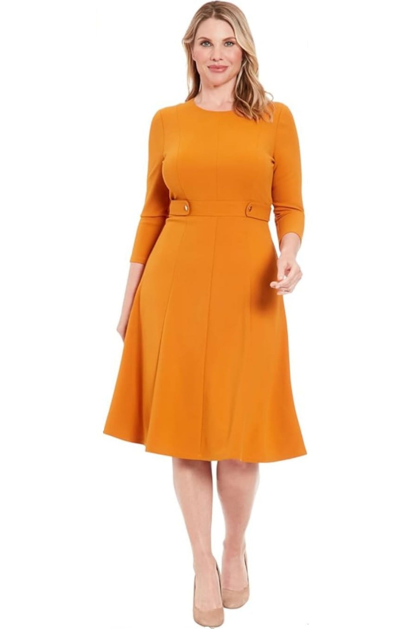 London Times 3/4 Sleeve Button-Waist A-Line Dress