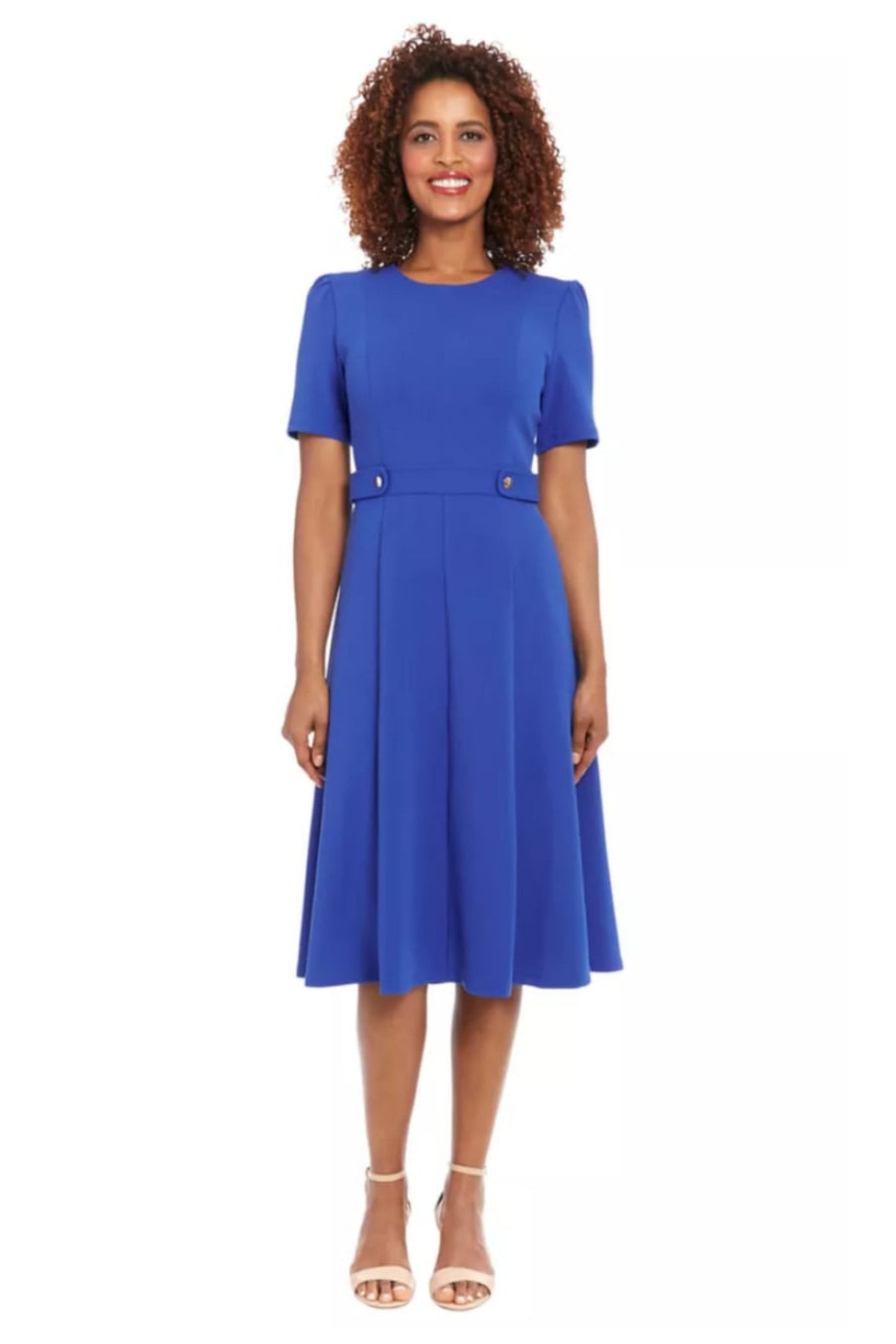 London Times Short-Sleeve Button Waist Midi Dress