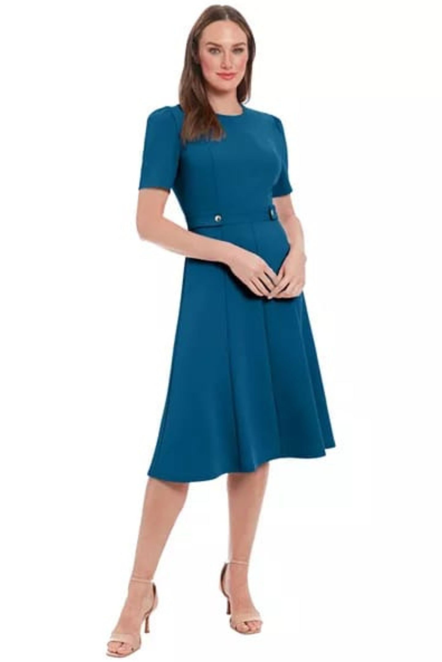 London Times Short-Sleeve Button Waist Midi Dress