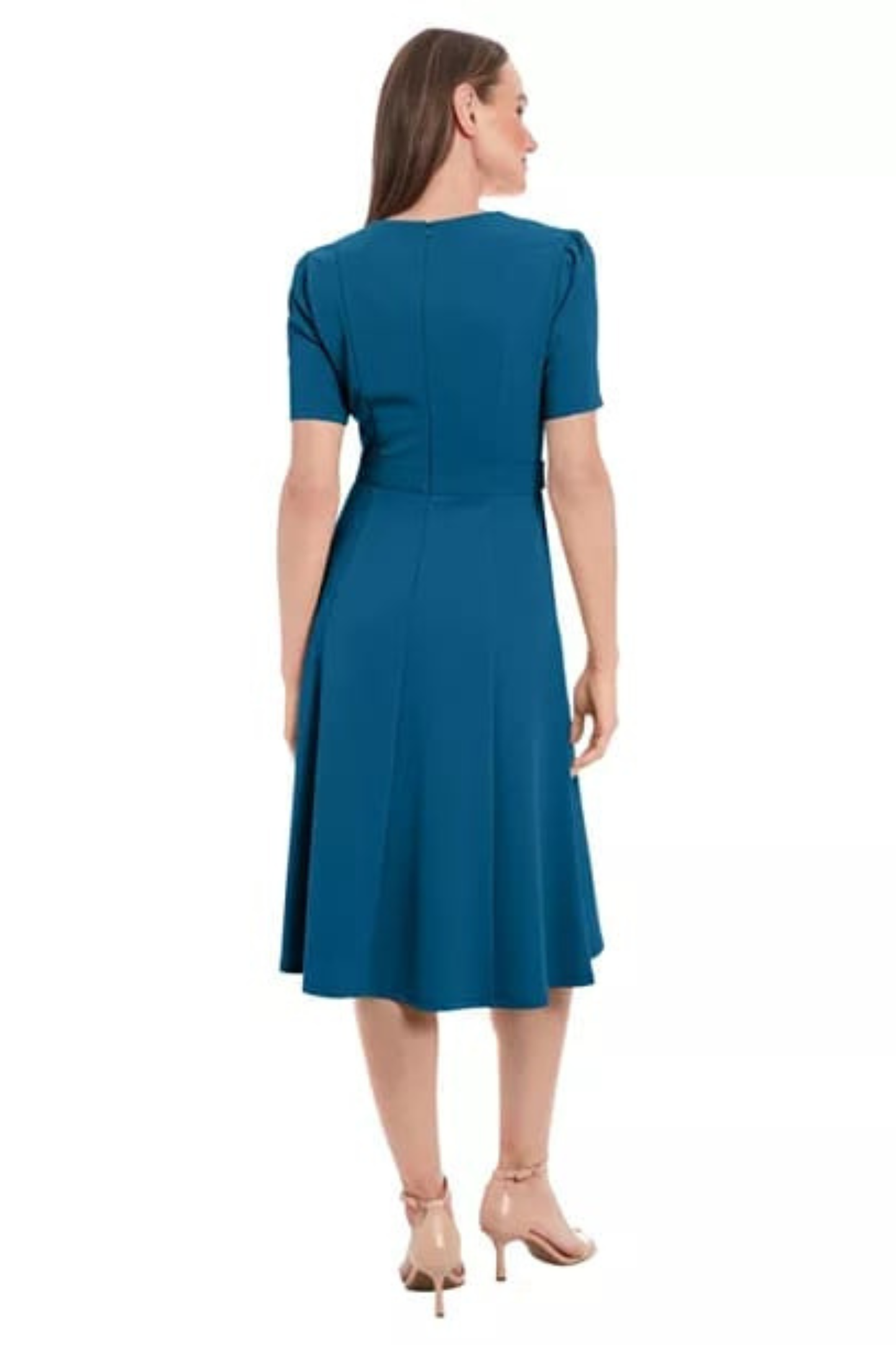 London Times Short-Sleeve Button Waist Midi Dress