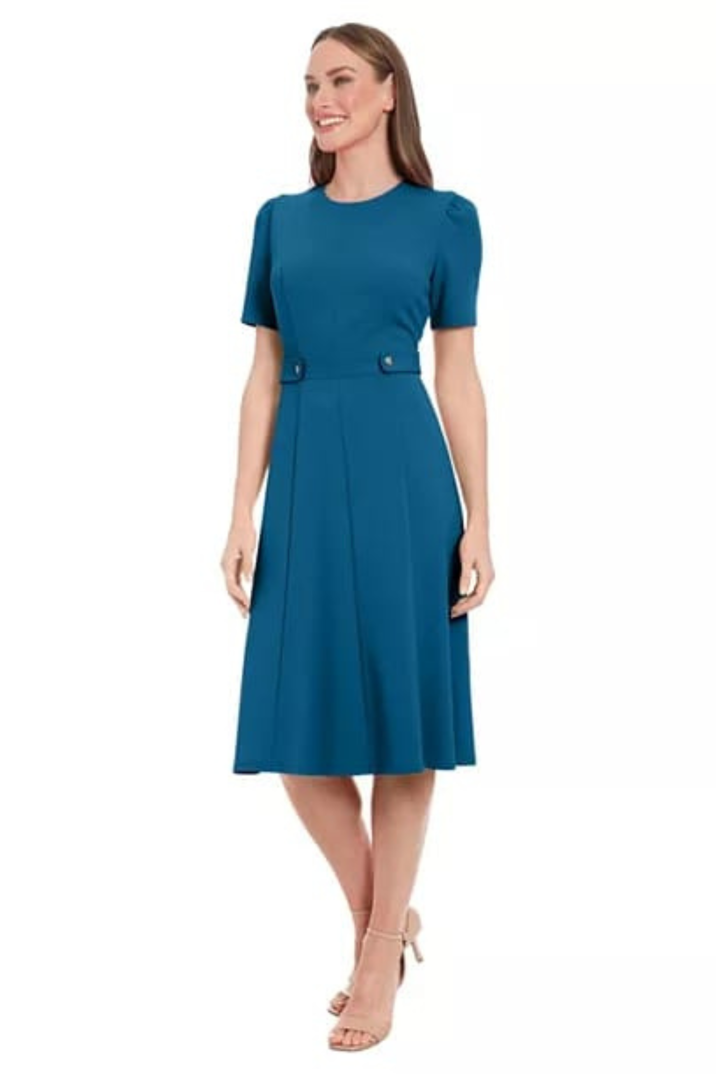 London Times Short-Sleeve Button Waist Midi Dress