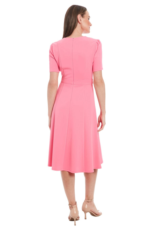 London Times Short-Sleeve Button Waist Midi Dress