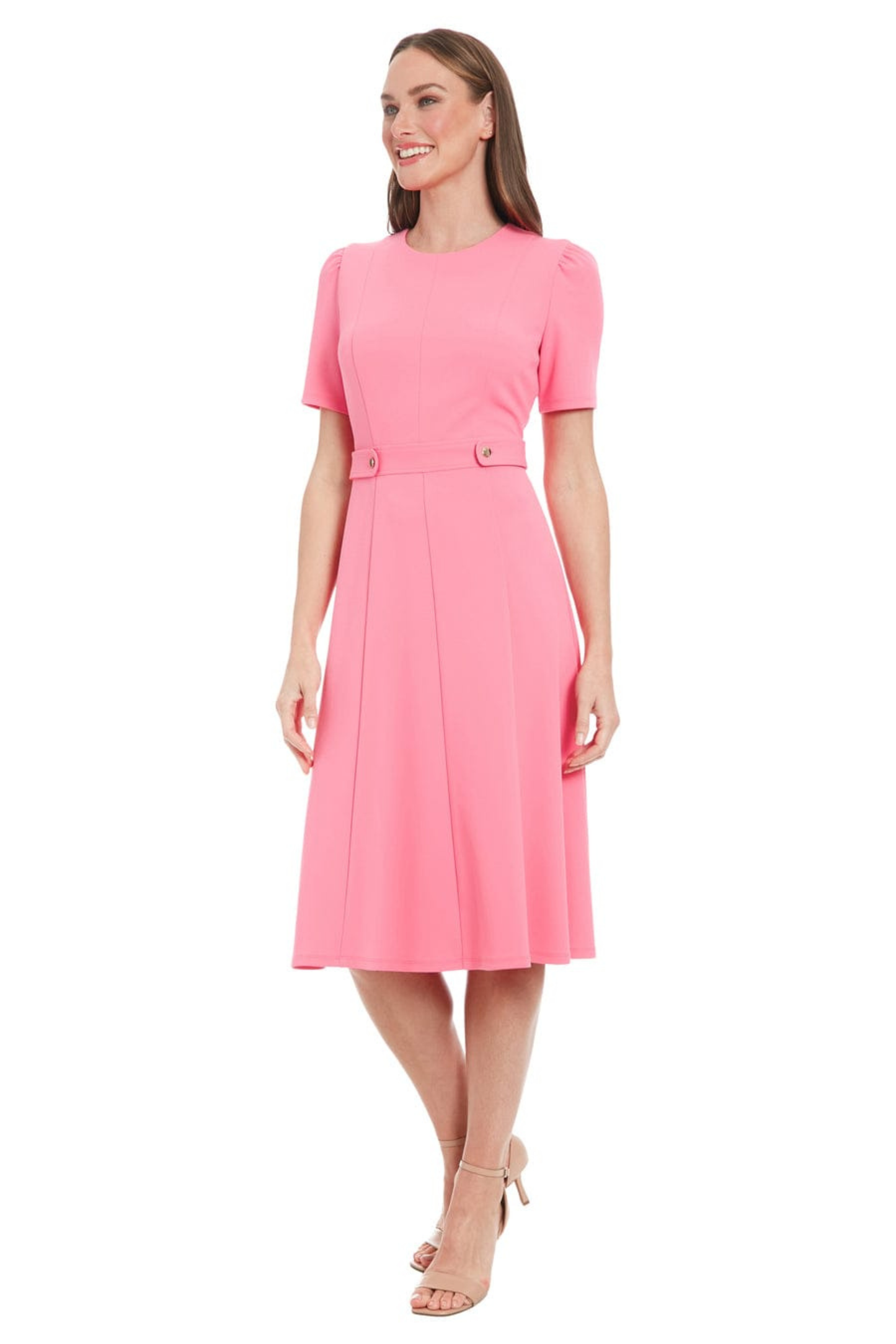 London Times Short-Sleeve Button Waist Midi Dress