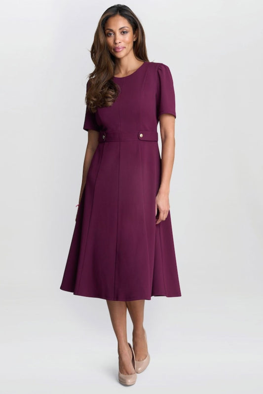London Times Short-Sleeve Button Waist Midi Dress