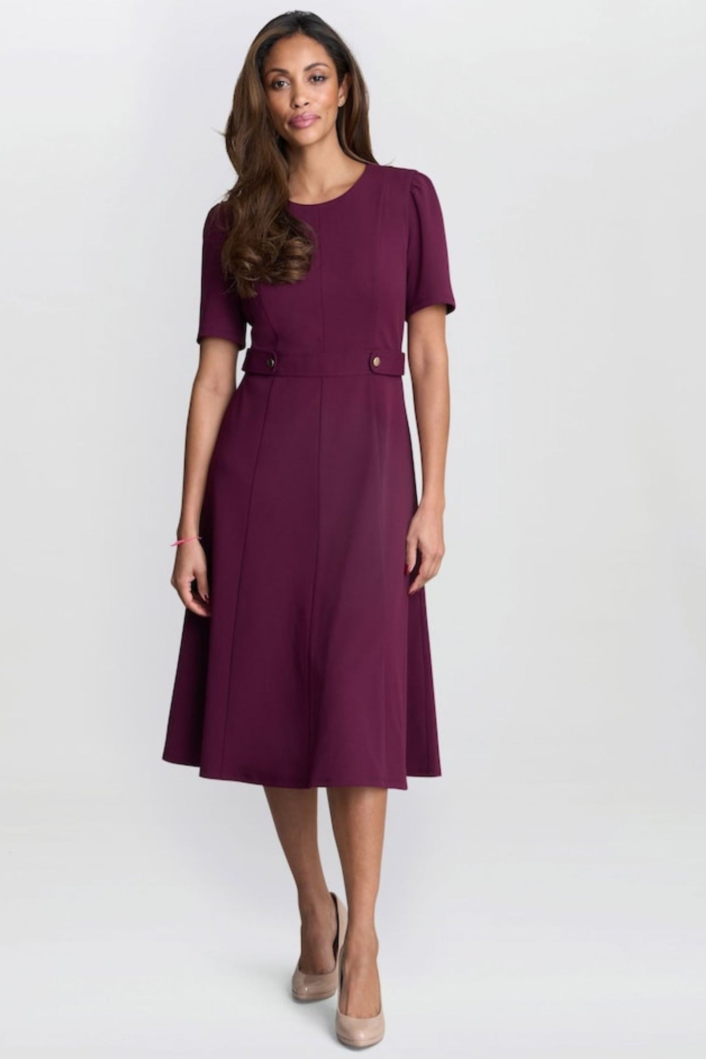 London Times Short-Sleeve Button Waist Midi Dress