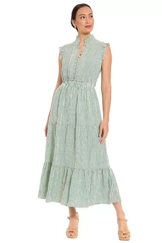 London Times Striped Tiered Ruffle Maxi Dress