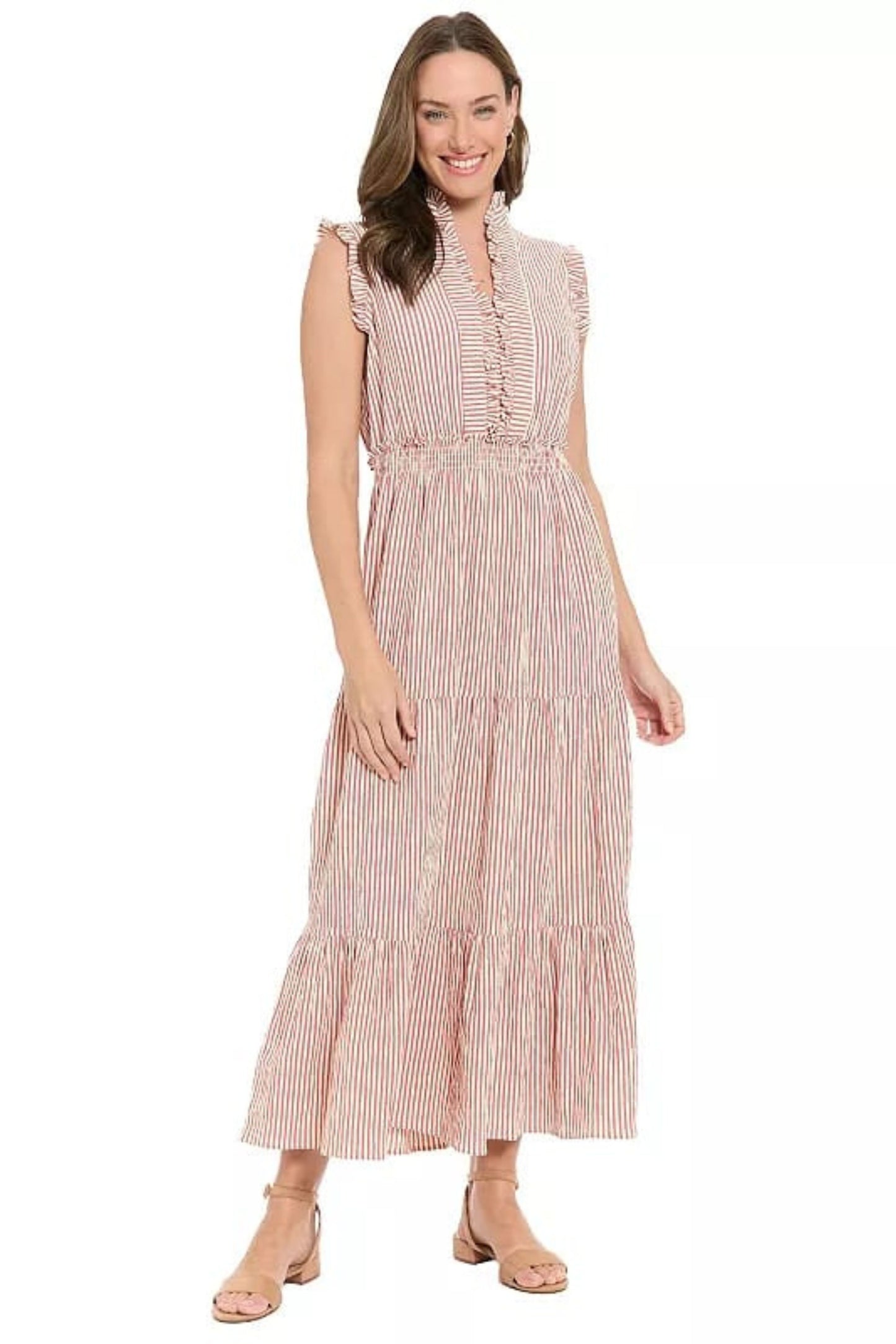London Times Striped Tiered Ruffle Maxi Dress