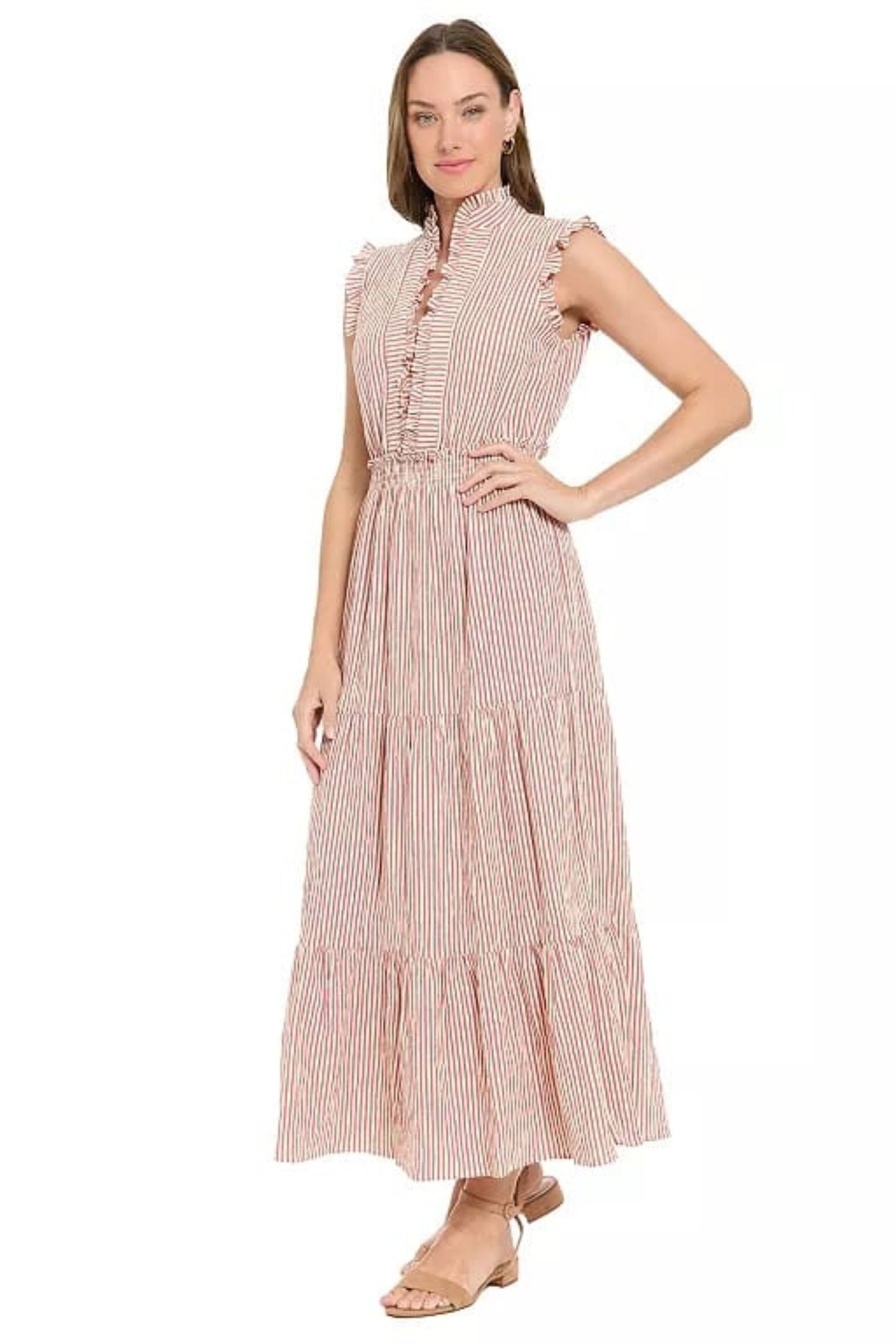 London Times Striped Tiered Ruffle Maxi Dress