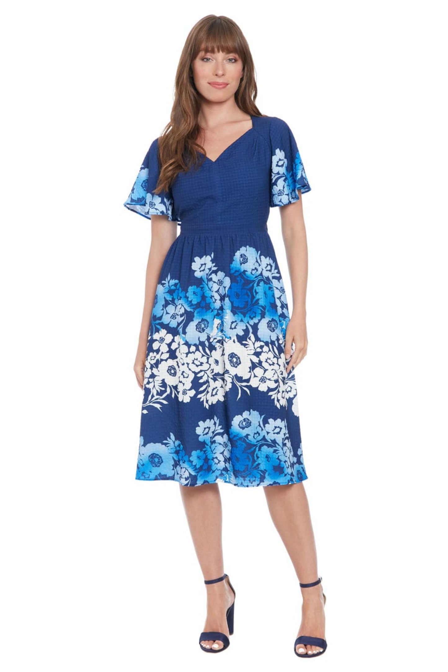London Times Flower Print A-Line Midi Dress