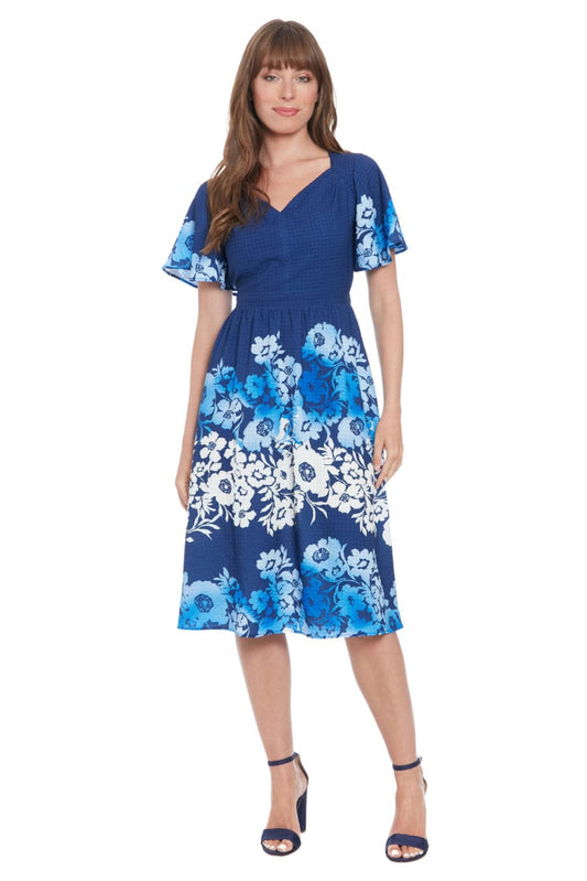 London Times Flower Print A-Line Midi Dress