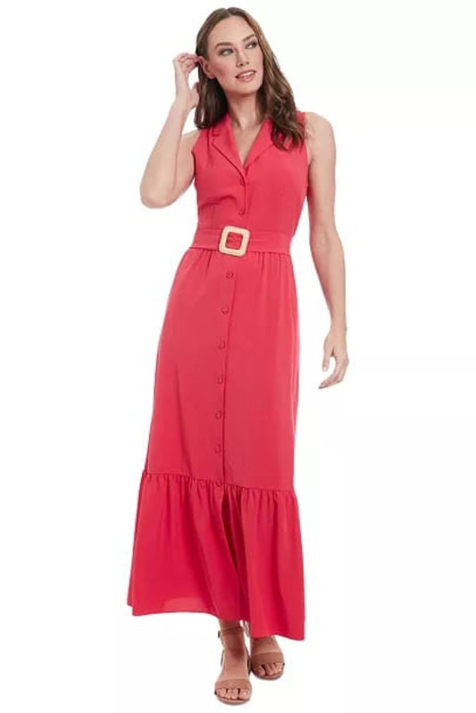 London Times Rose Red Sleeveless Button-Front Maxi Dress