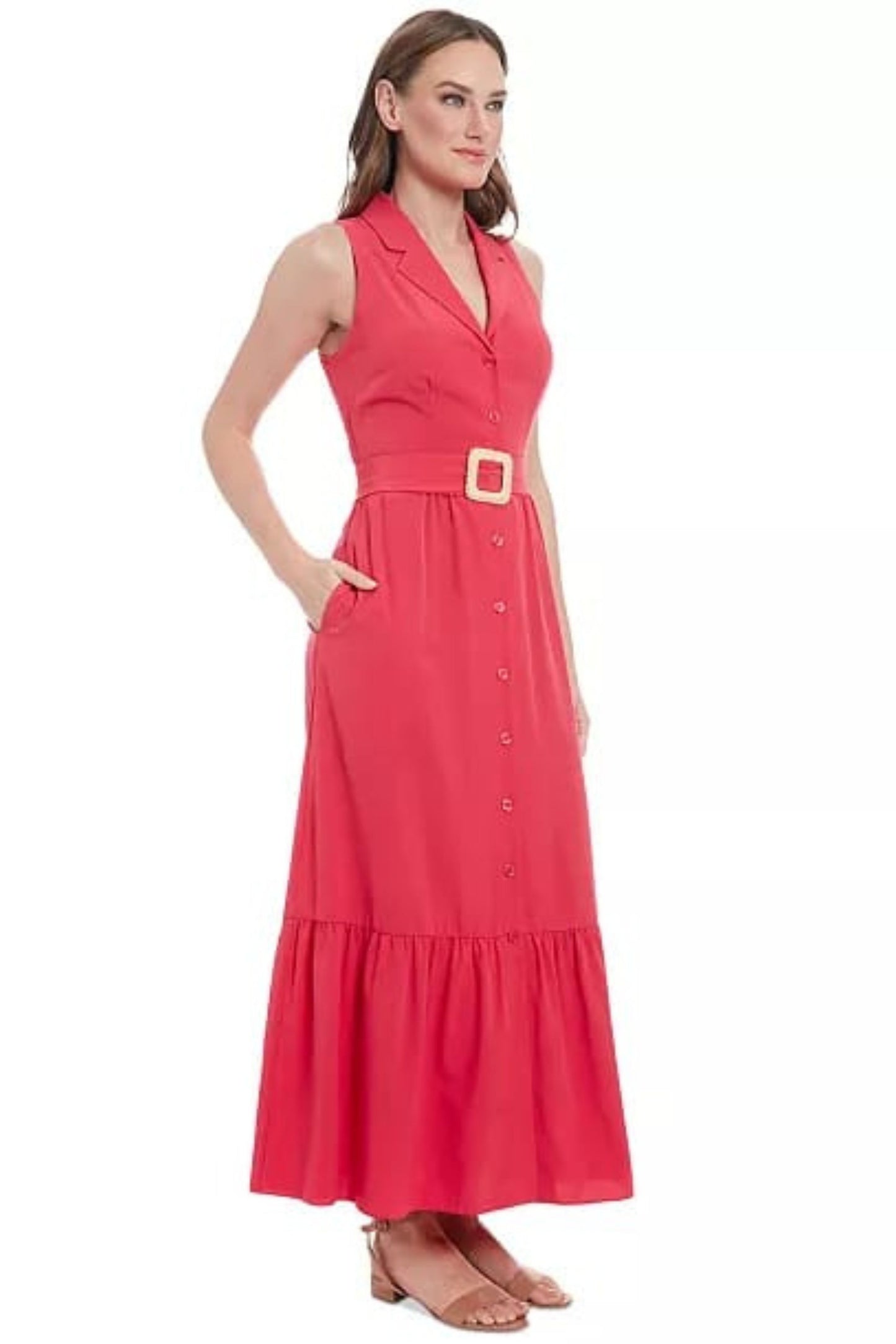 London Times Rose Red Sleeveless Button-Front Maxi Dress