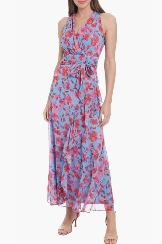 London Times Chiffon Floral Ruffled Faux-Wrap Maxi Dress