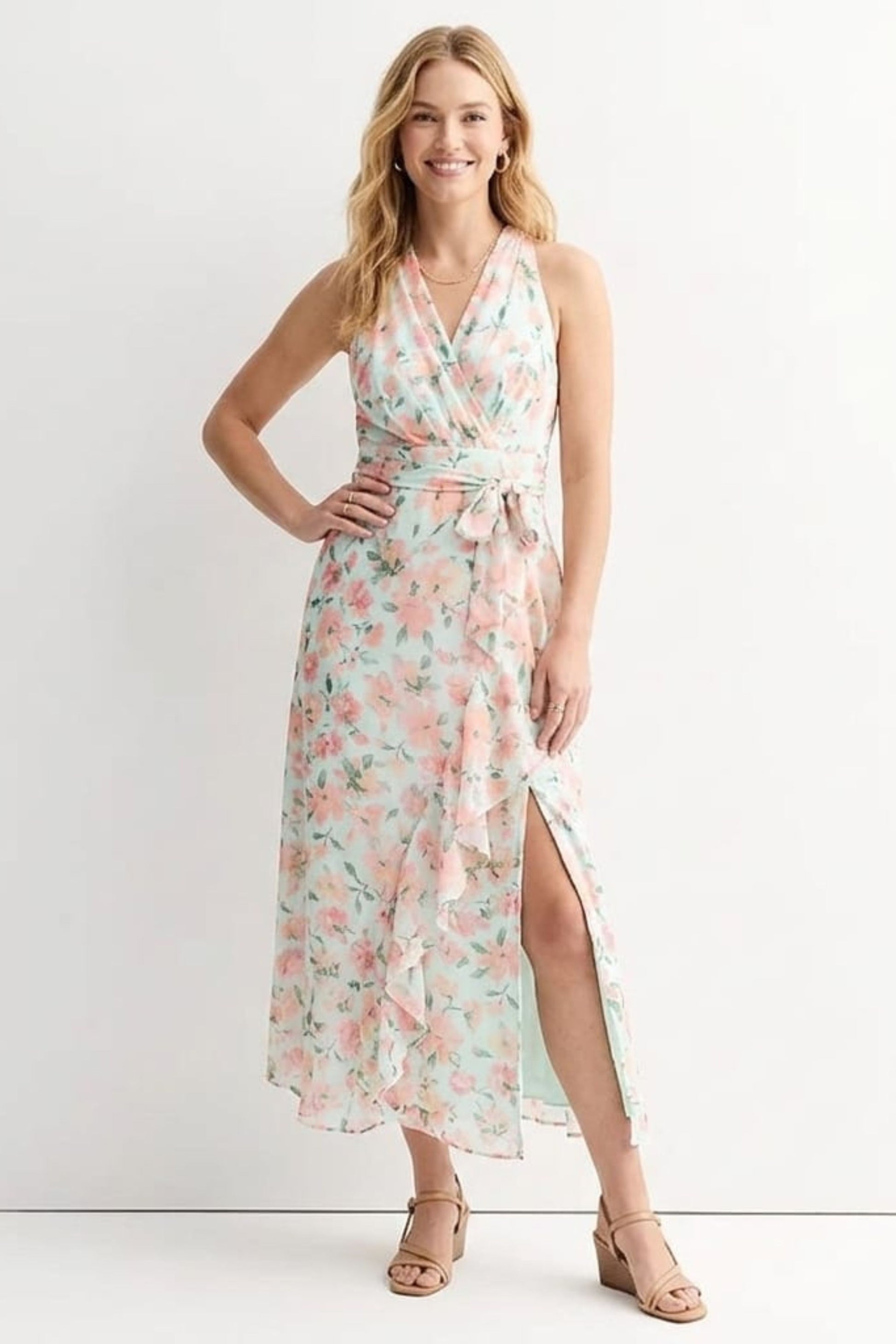 London Times Chiffon Floral Ruffled Faux-Wrap Maxi Dress – New Yorker's Apparel