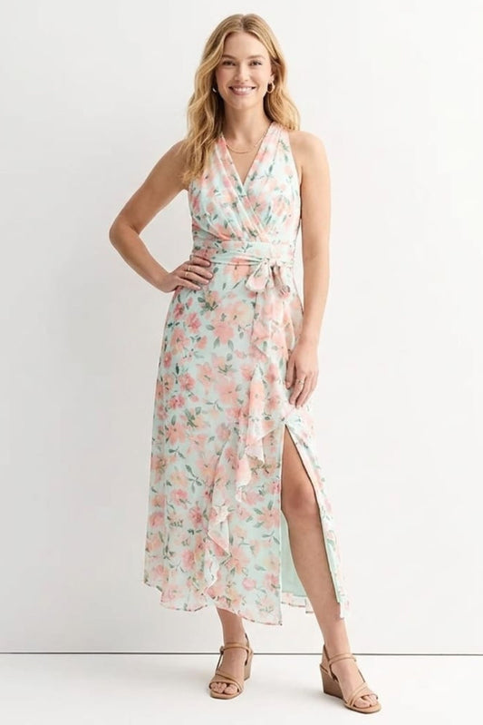 London Times Chiffon Floral Ruffled Faux-Wrap Maxi Dress