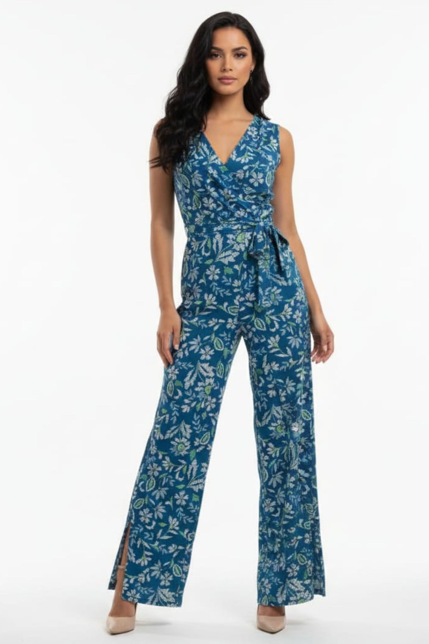 London Times Floral Print Sleeveless Jumpsuit