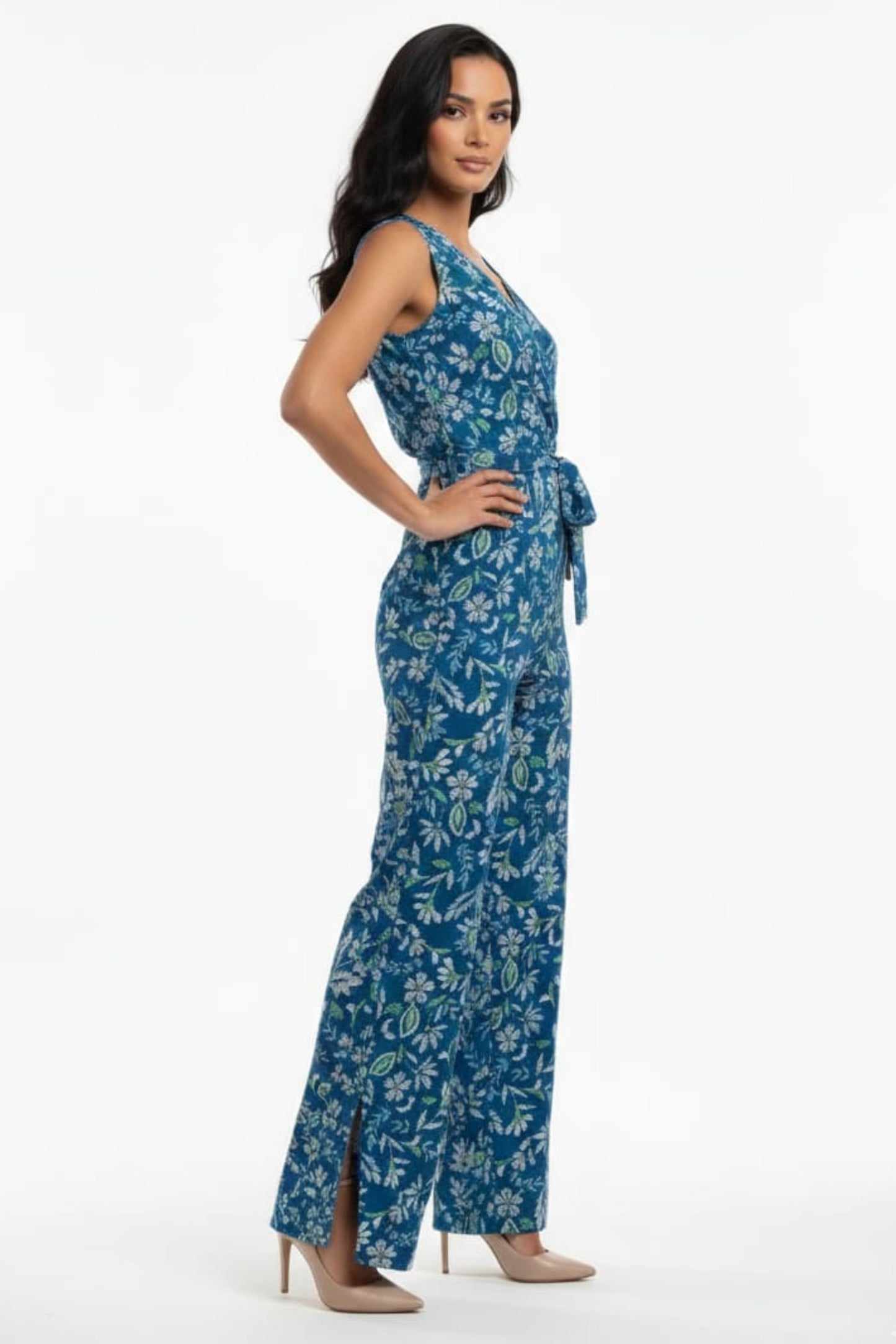 London Times Floral Print Sleeveless Jumpsuit
