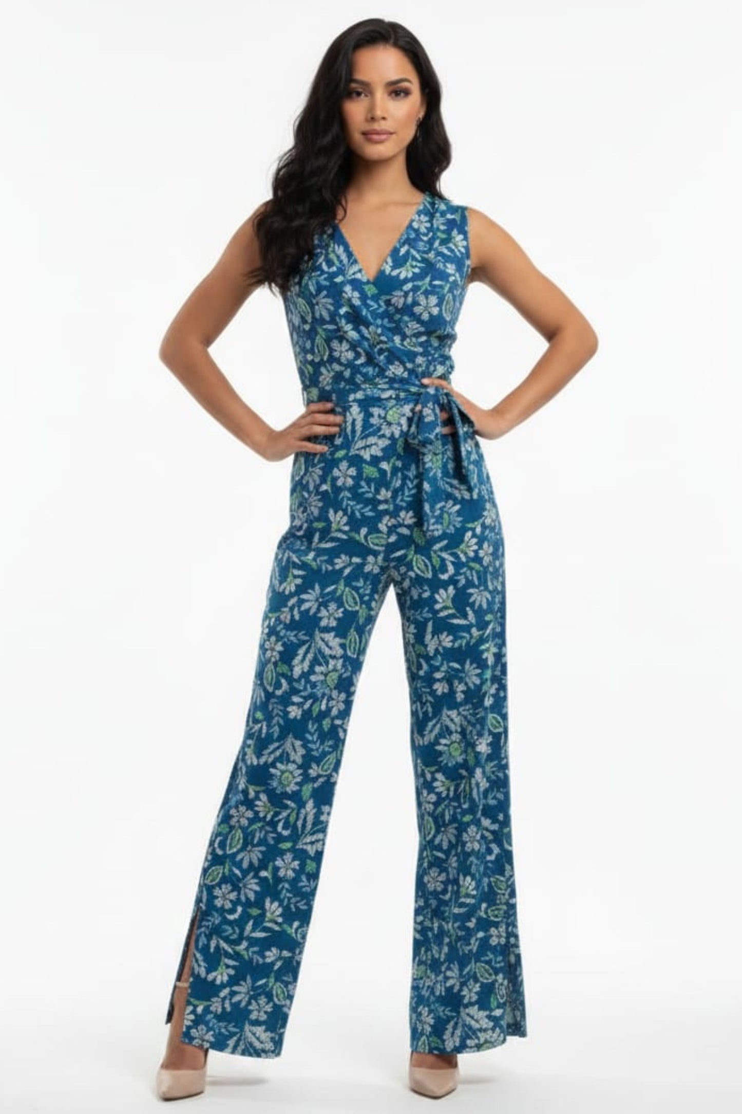 London Times Floral Print Sleeveless Jumpsuit