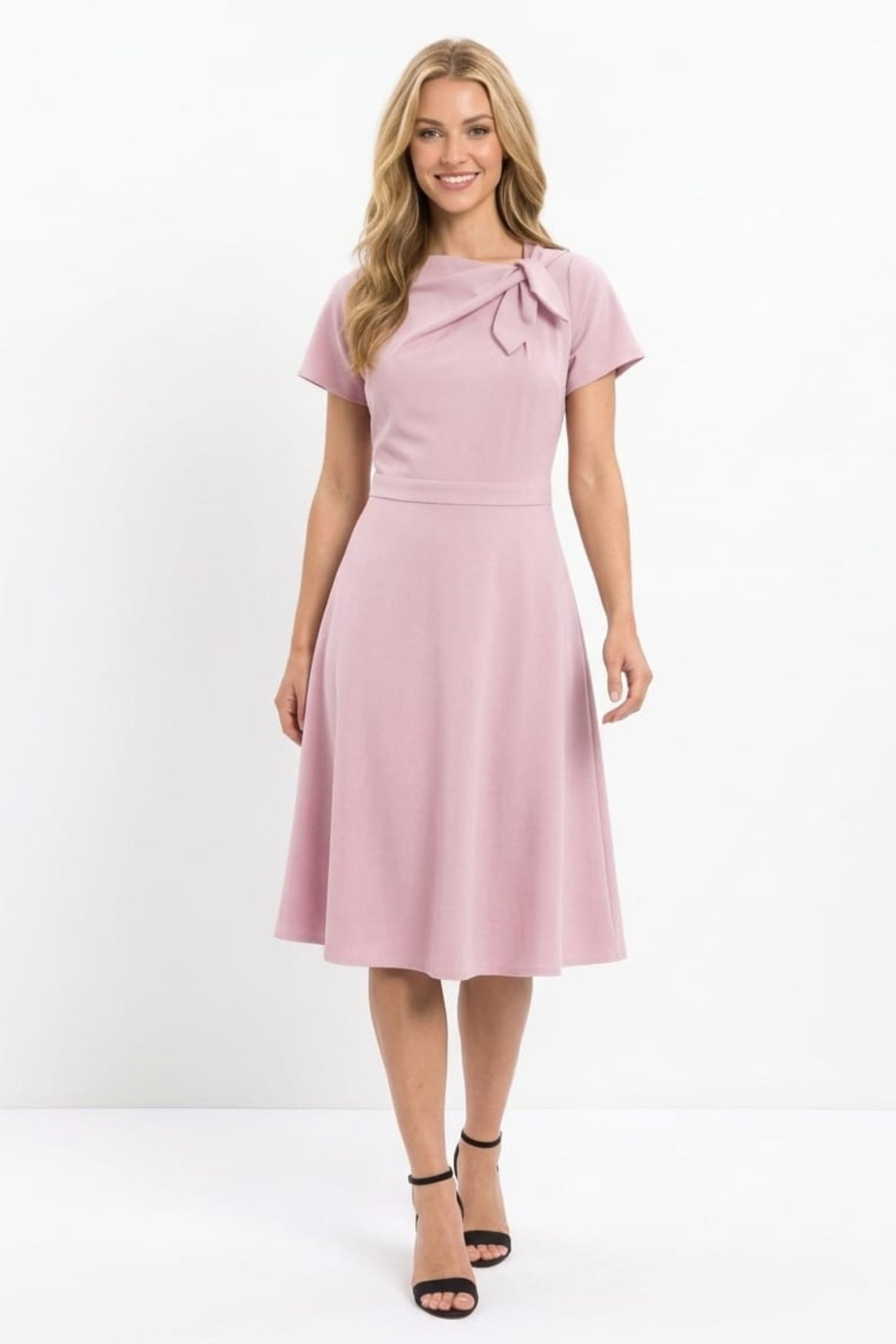 London Times Bow Neck Short Sleeve A-Line Dress