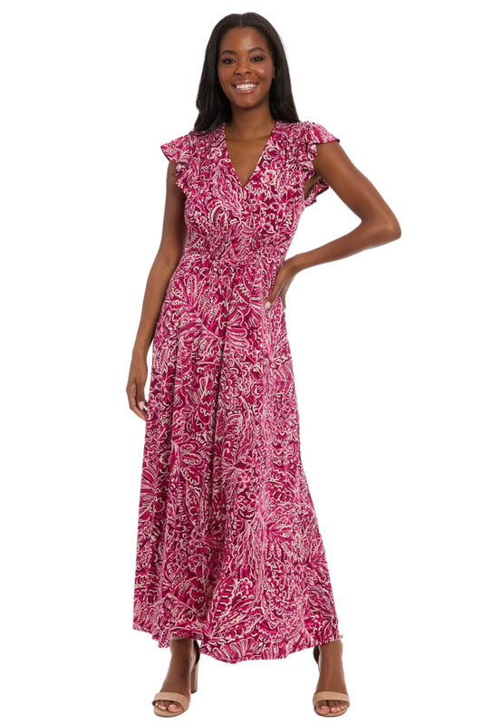 London Times Plum & Pink Floral Smocked Maxi Dress