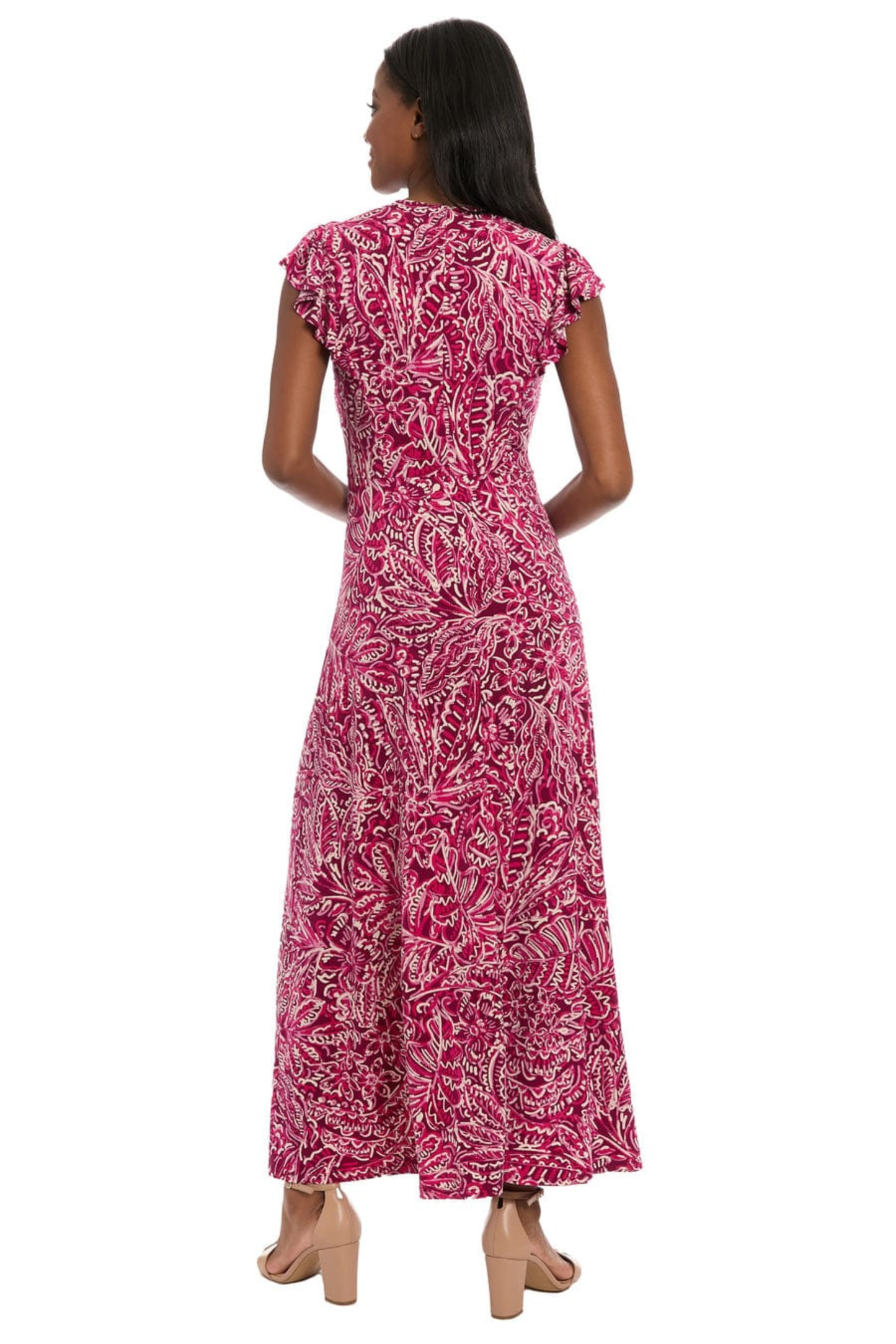 London Times Plum & Pink Floral Smocked Maxi Dress