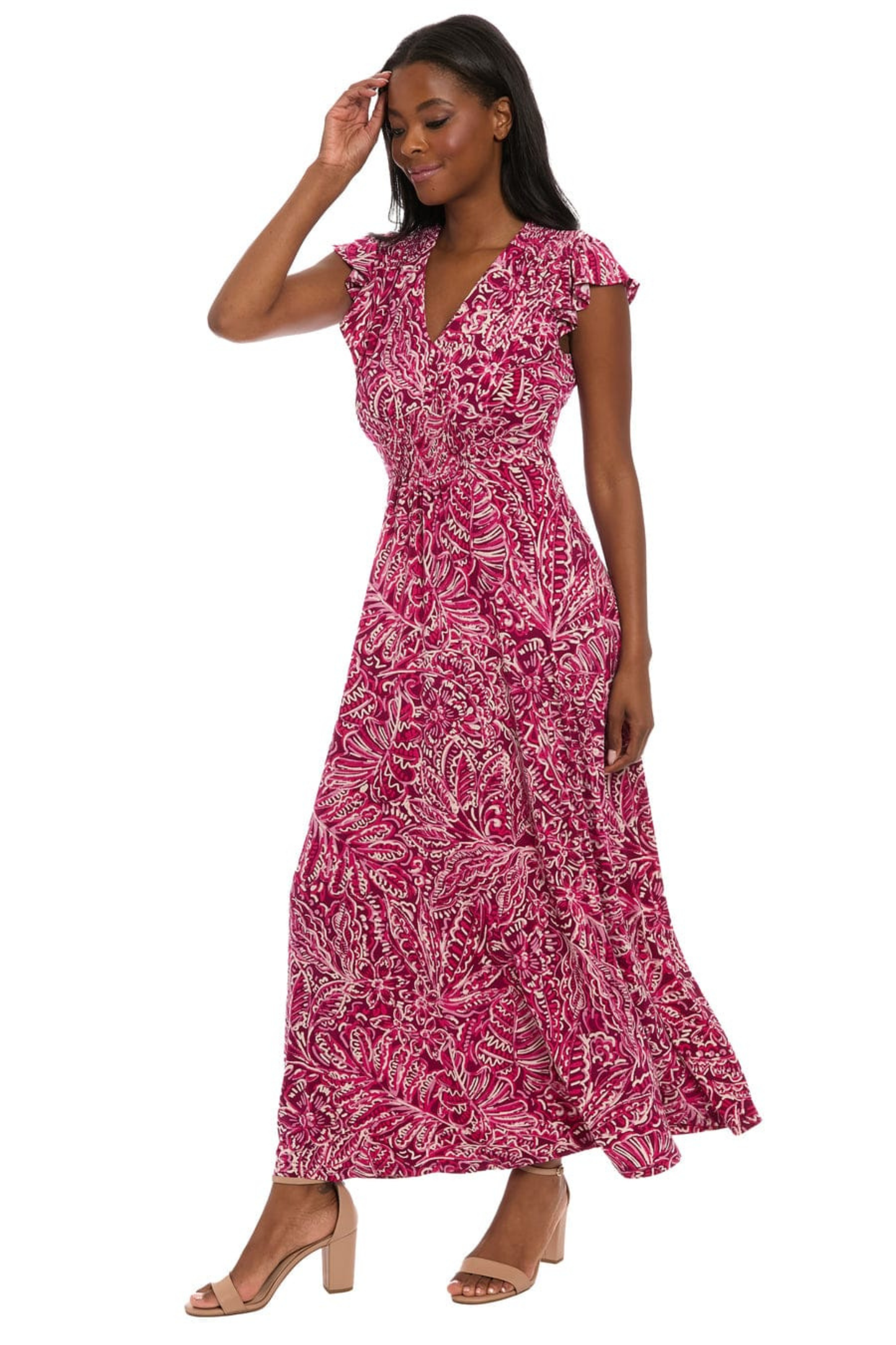 London Times Plum & Pink Floral Smocked Maxi Dress