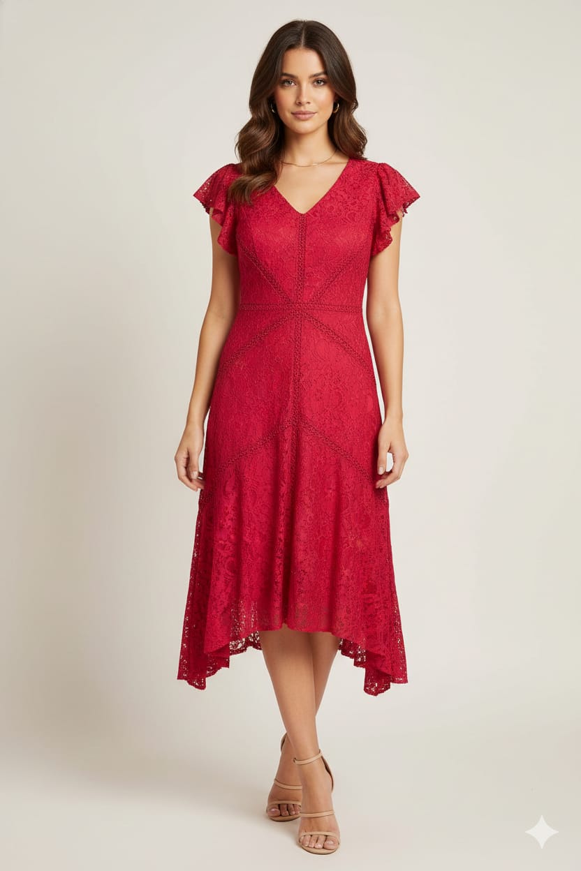 Taylor Cranberry V-Neck Lace Midi Dress