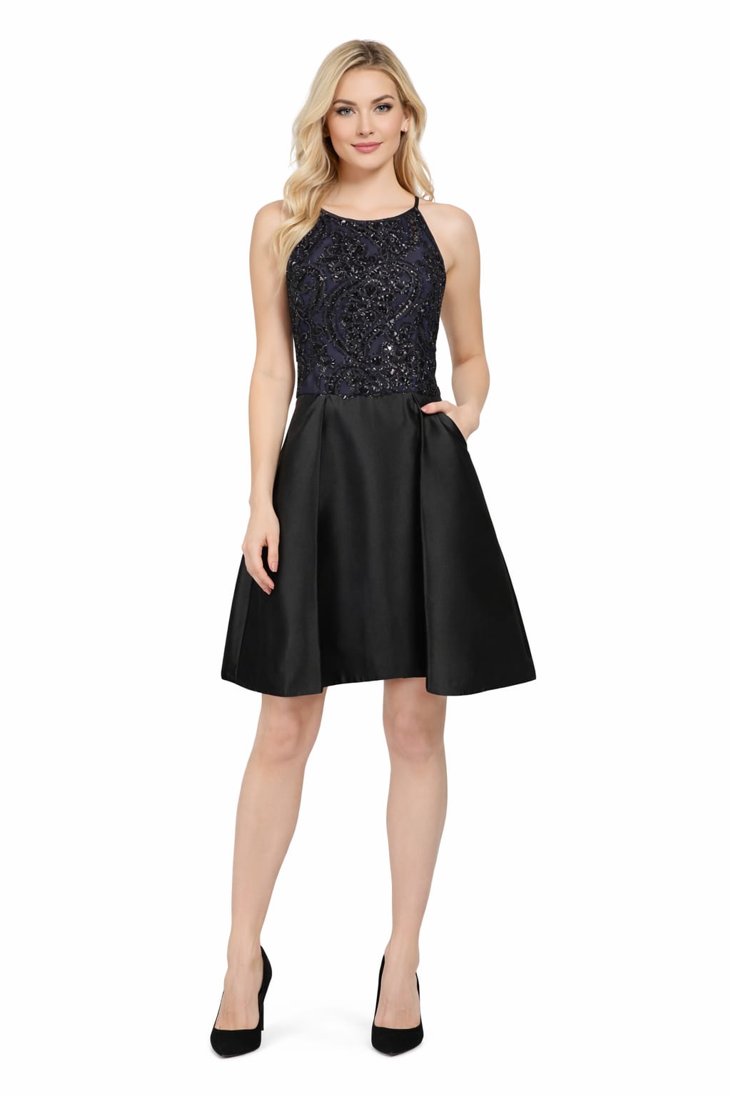 Taylor Indigo Black Hi-Lo  A-Line Party Dress
