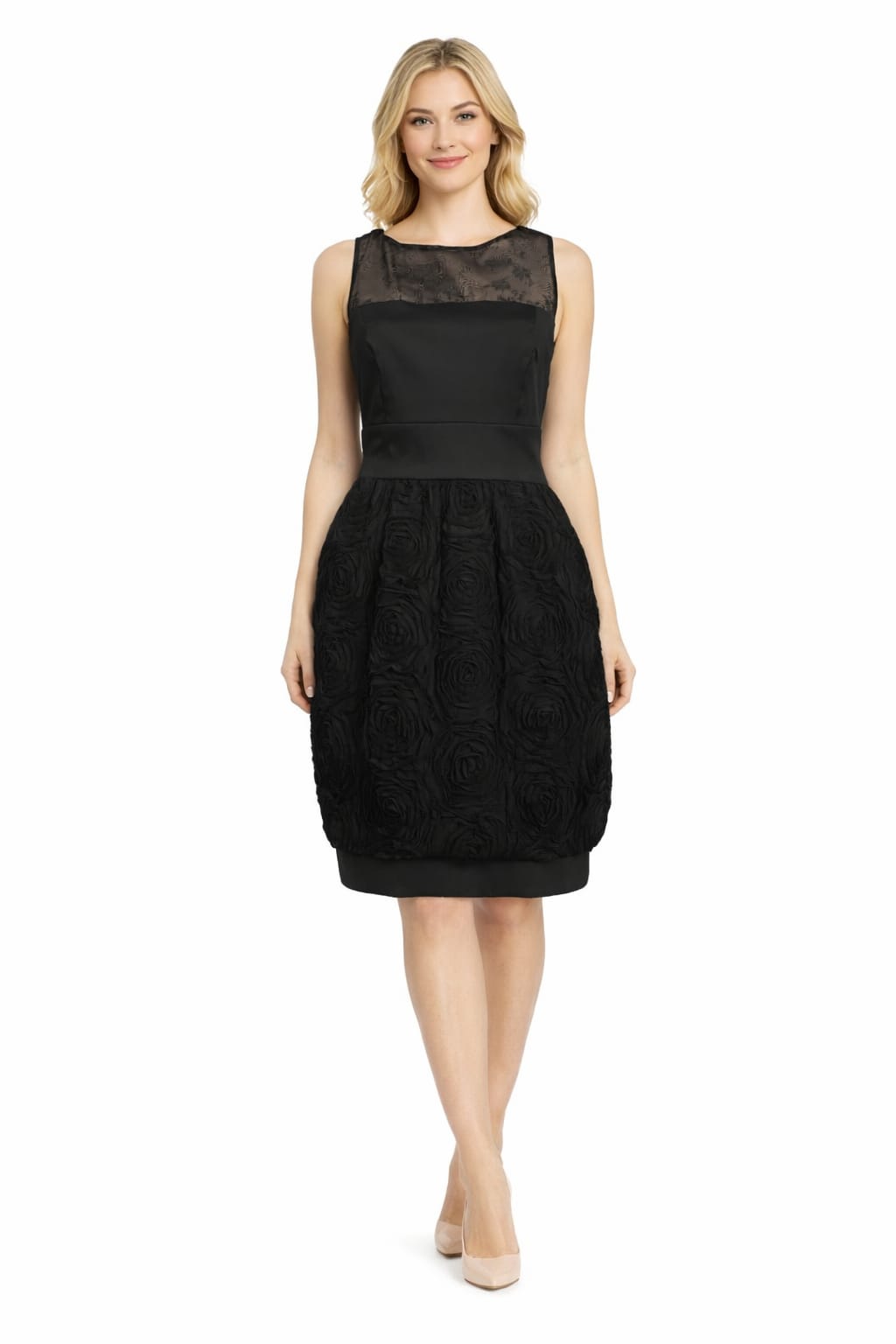 Taylor Illusion Neckline Rosette Skirt Satin Dress