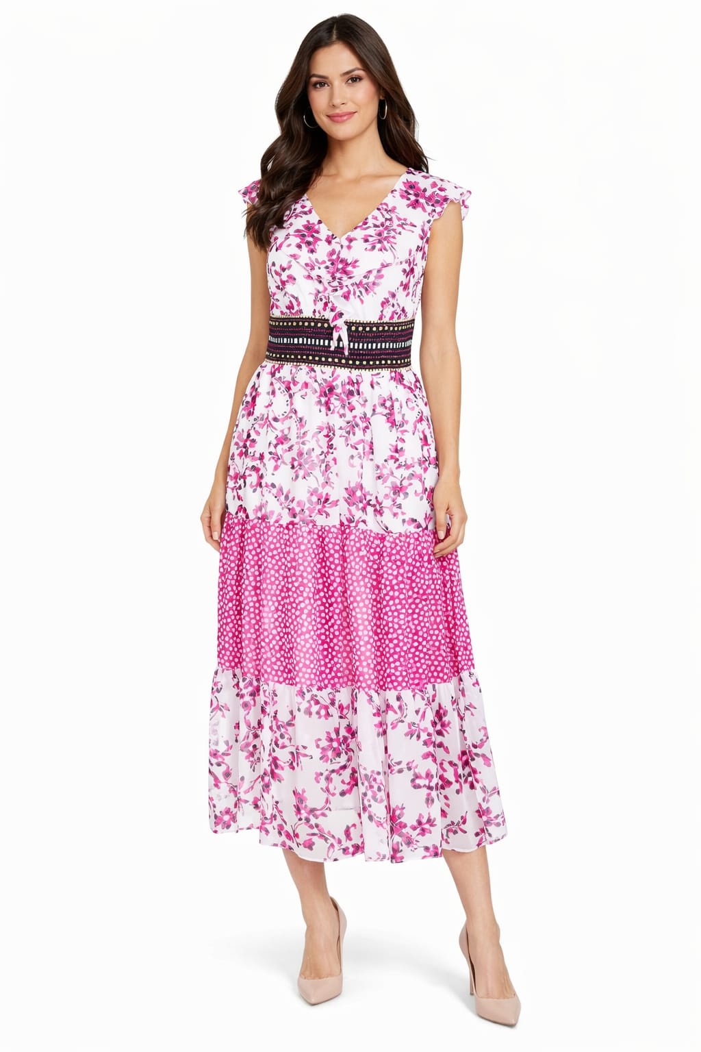 Taylor V Neck Chiffon Printed Midi  Dress
