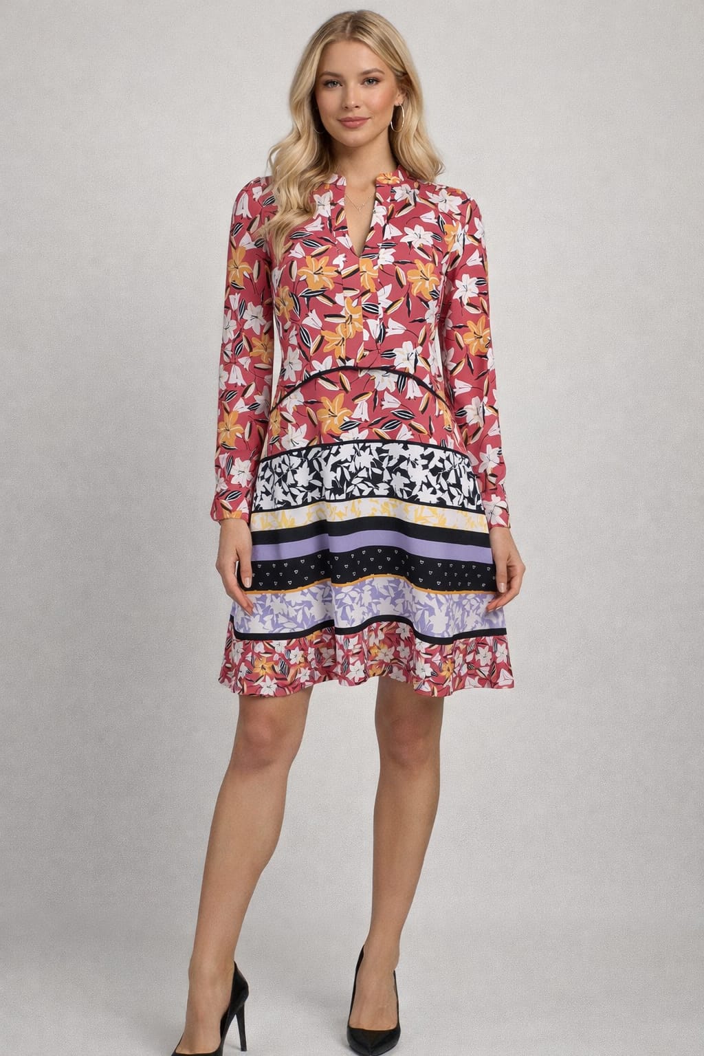 J Taylor Floral Print Long Sleeve Split V-Neck Dress