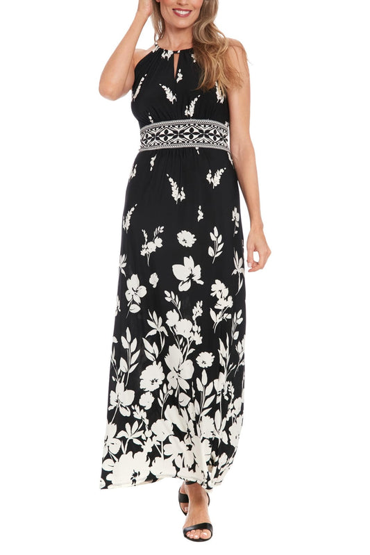 London Times Black & Ivory Floral Halter Maxi Dress