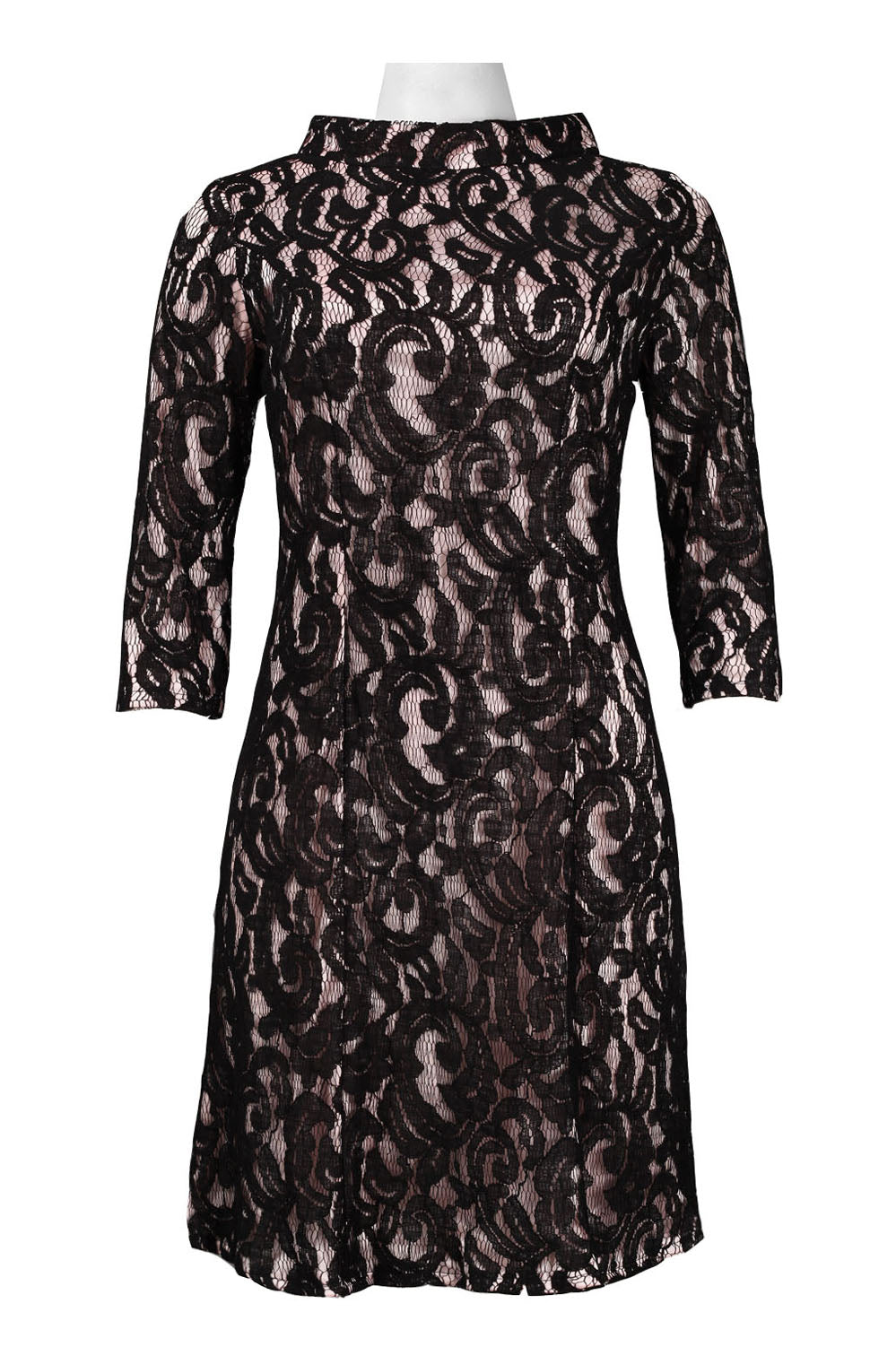 Taylor Black Pink Lace Mock Neck A-Line Dress