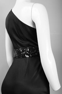 Theia Asymmetric Shoulder Waist Detail Jersey Satin Draped Dress