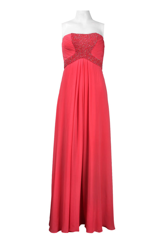 Theia Strapless Beaded Empire Waist Full Length Silk Chiffon Dress