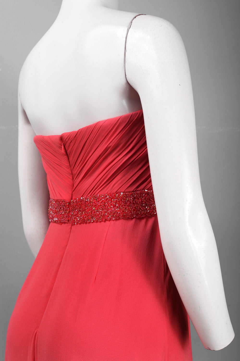 Theia Strapless Beaded Empire Waist Full Length Silk Chiffon Dress