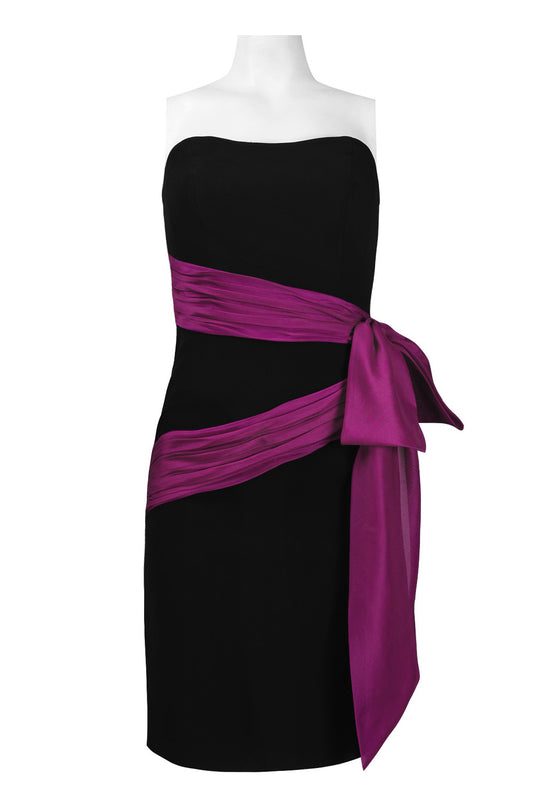Theia Strapless Ruched Organza Sash Short Crepe Dress