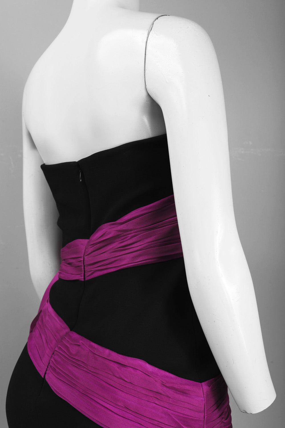 Theia Strapless Ruched Organza Sash Short Crepe Dress